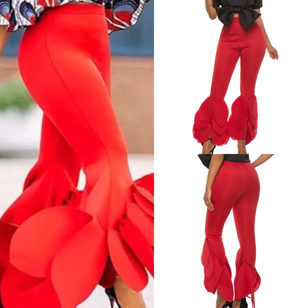 Red slacks, flower flared bottoms 🦋 Obsession